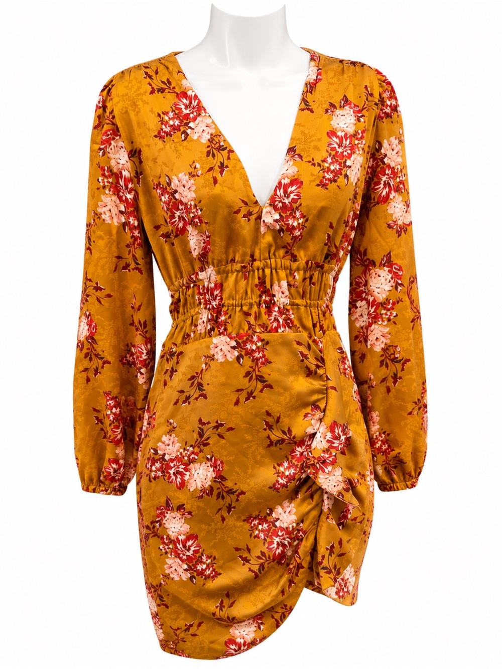 MAJORELLE Mustard Floral V-Neck Mini Dress